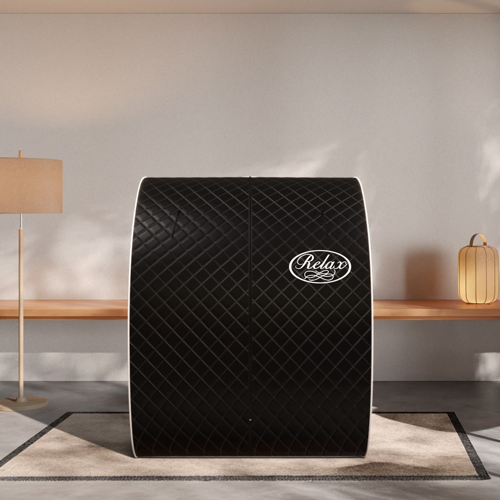Black backrest with 'Relax' logo in a room setting
