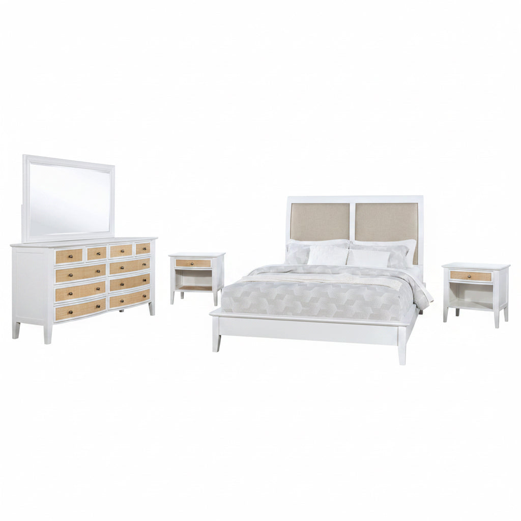 Modern bedroom with a bed, nightstands, dresser, and mirror. In a white walled bedroom