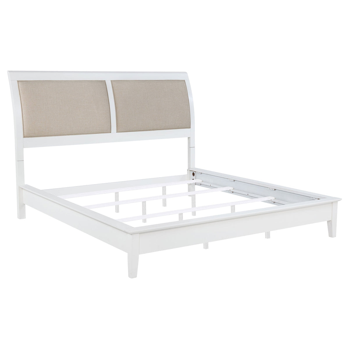 White metal bed frame with beige headboard on a white background