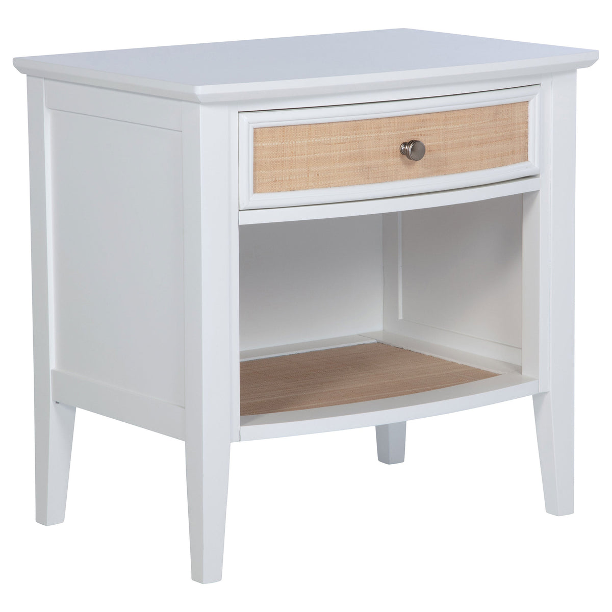 White nightstand with a wooden drawer and shelf on a white background