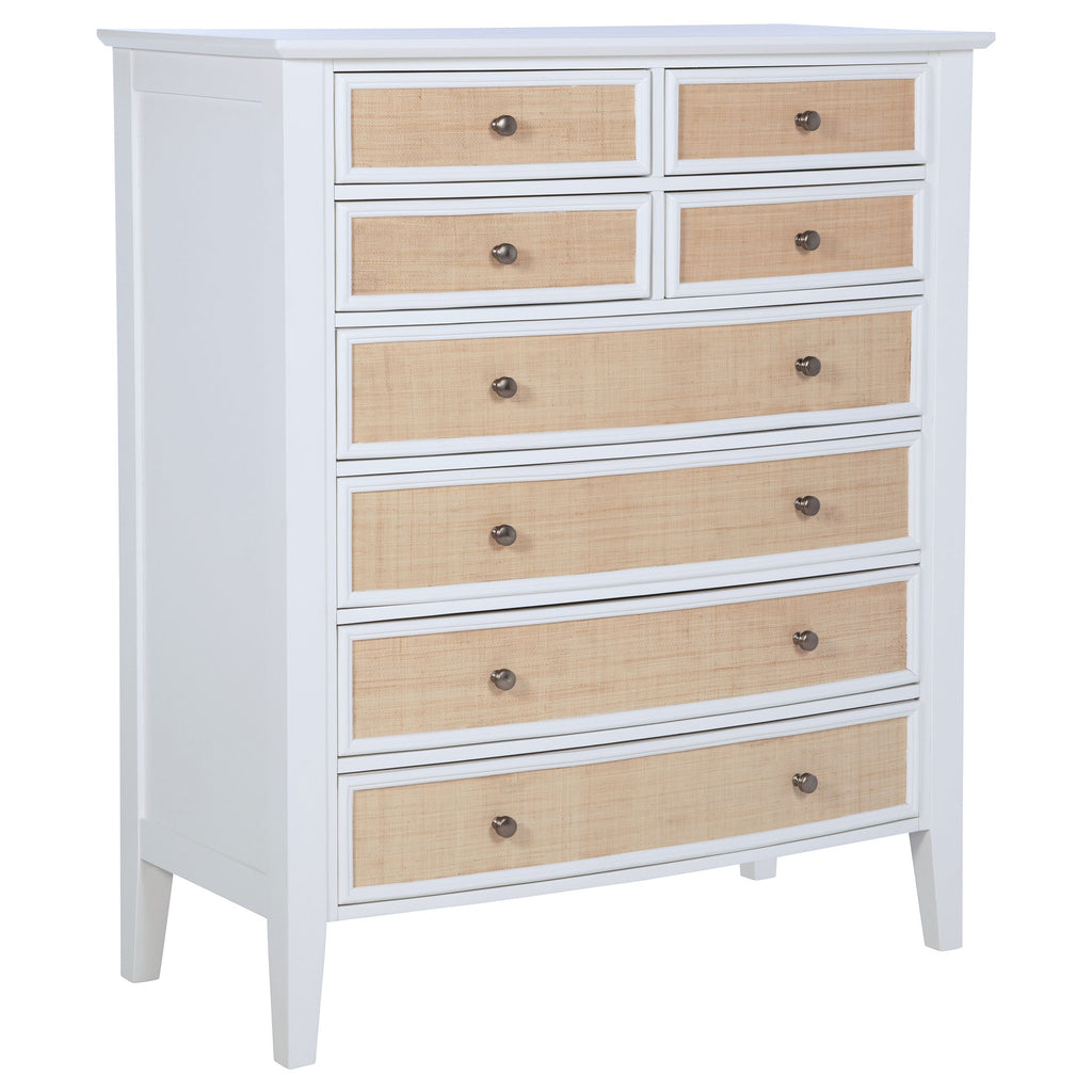 White chest of drawers against a white background