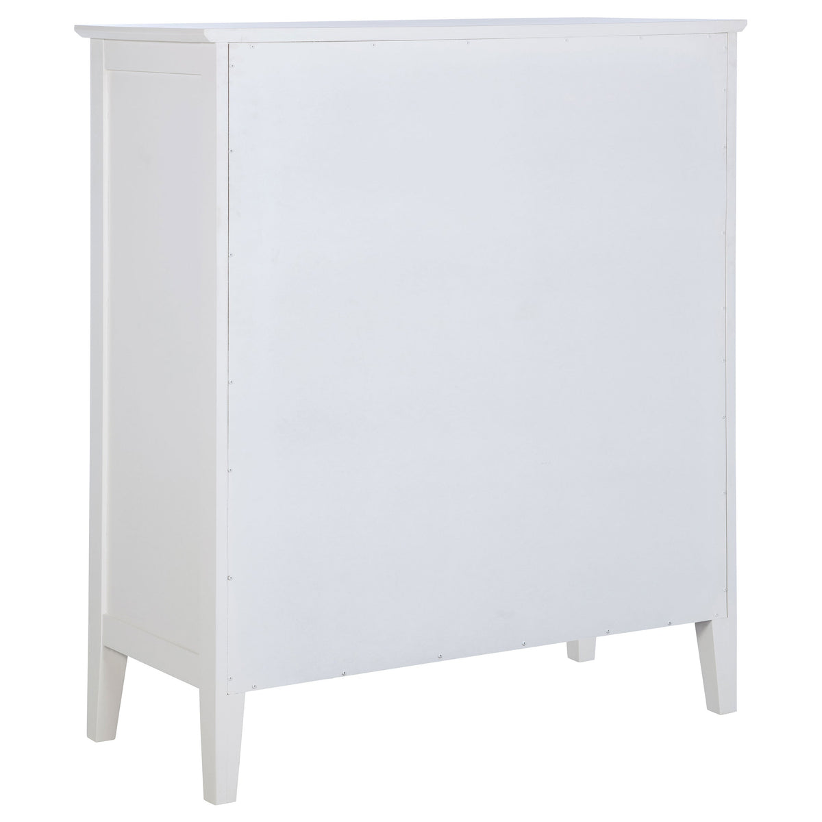 Back of a White dresser with drawers on a white background