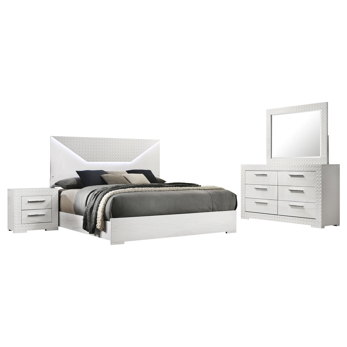 White bedroom set with bed, nightstand, dresser, and mirror on a white background