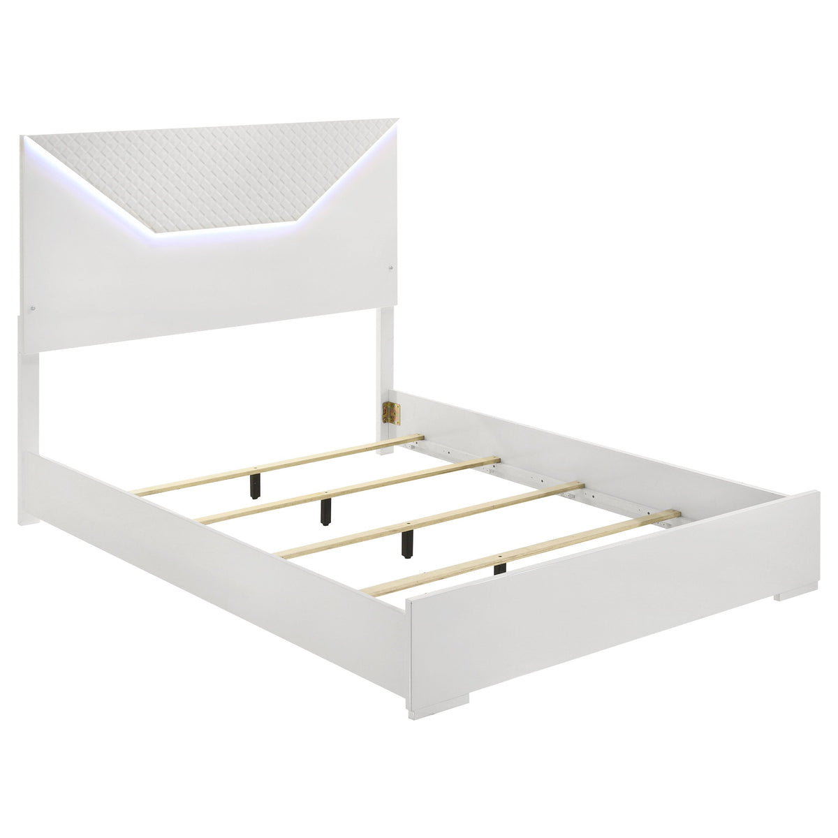 White bed frame with wooden slats on a white background