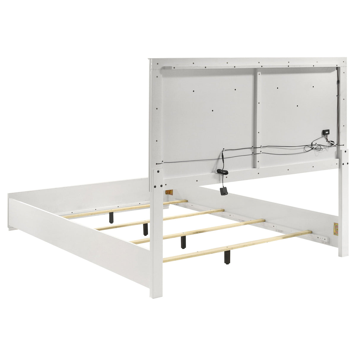 White metal bed frame with wooden slats on a white background