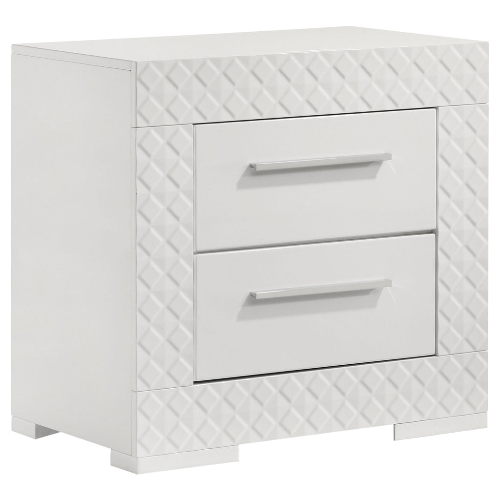 White nightstand with two drawers and a diamond pattern on a white background