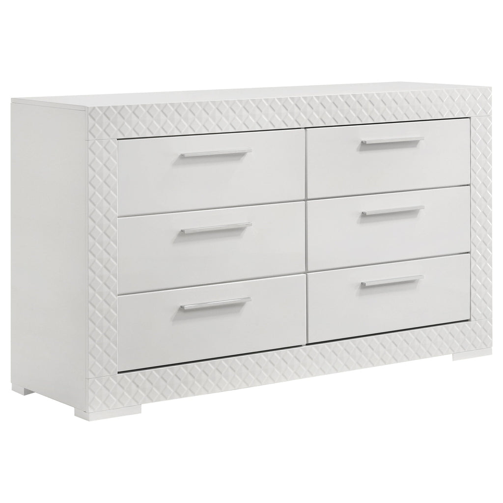 White dresser with textured surface and six drawers on a white background
