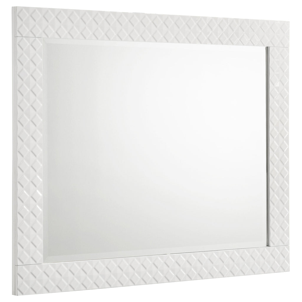 White framed mirror with geometric pattern on a white background