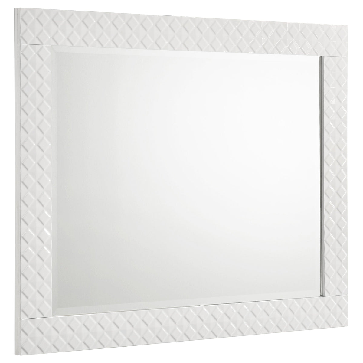 White framed mirror with geometric pattern on a white background