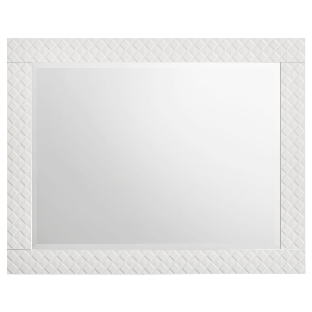 White rectangular mirror with decorative white frame on a white background