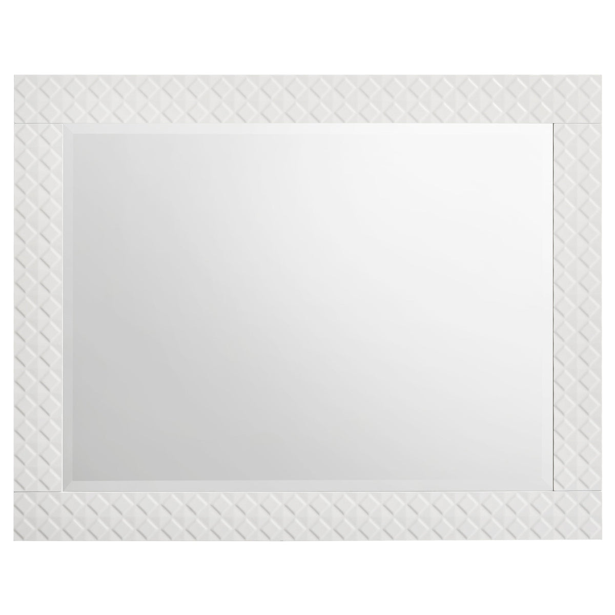 White rectangular mirror with decorative white frame on a white background