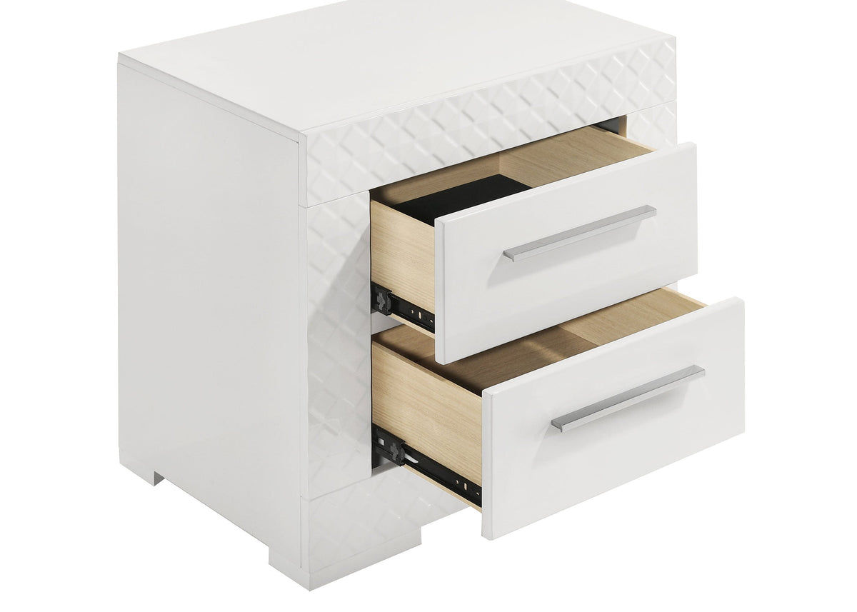 White two-drawer cabinet with open drawers on a white background