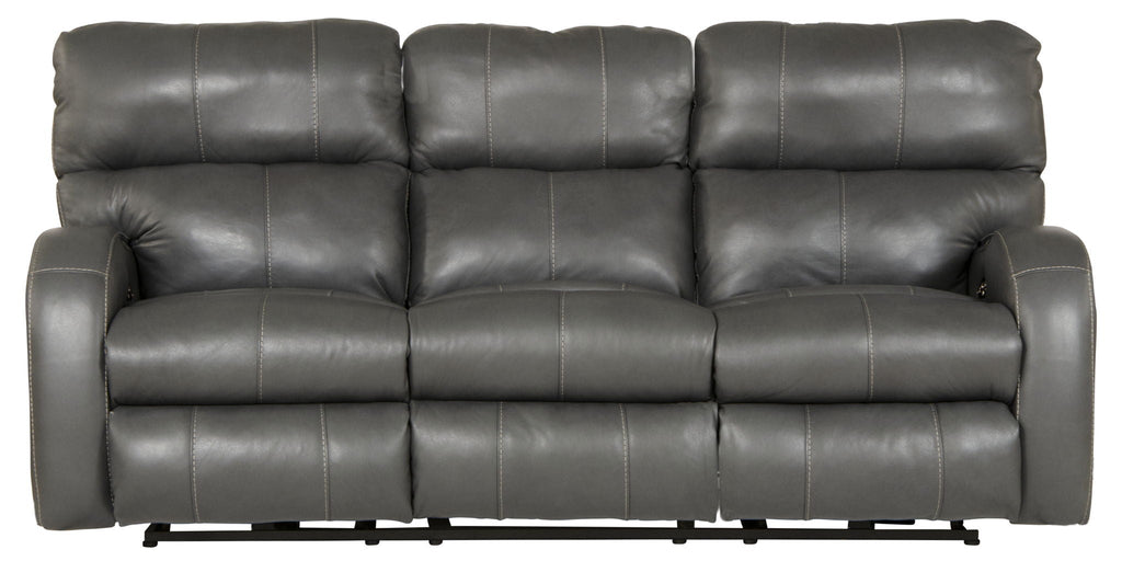 Gray leather sofa with reclining feature on a white background
