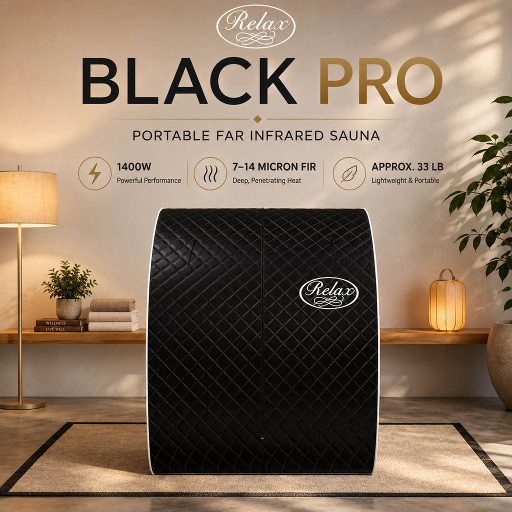 Black Pro portable far infrared sauna for home wellness and professional use. Black portable far-infrared sauna machine with quilted diamond pattern and Relax branding, shown in a styled home interior with warm lighting and informational text above.