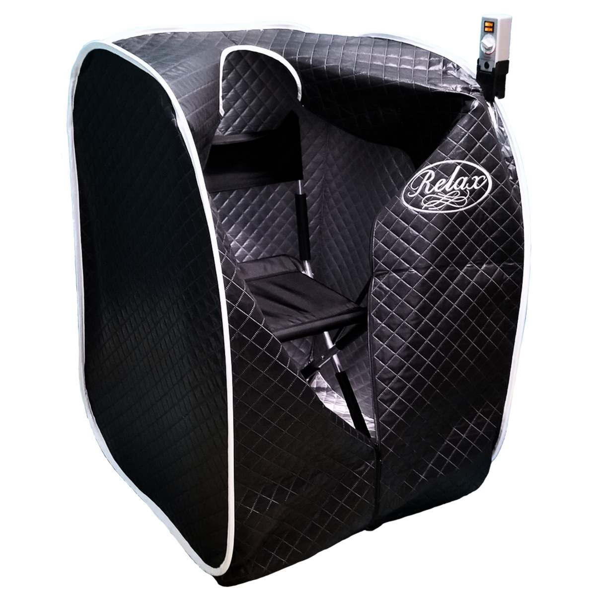 A black quilted mini steam room tent with white piping, featuring a white 'Relax' logo on the side and a small digital control panel hanging from the top right corner, shown on a solid white background.