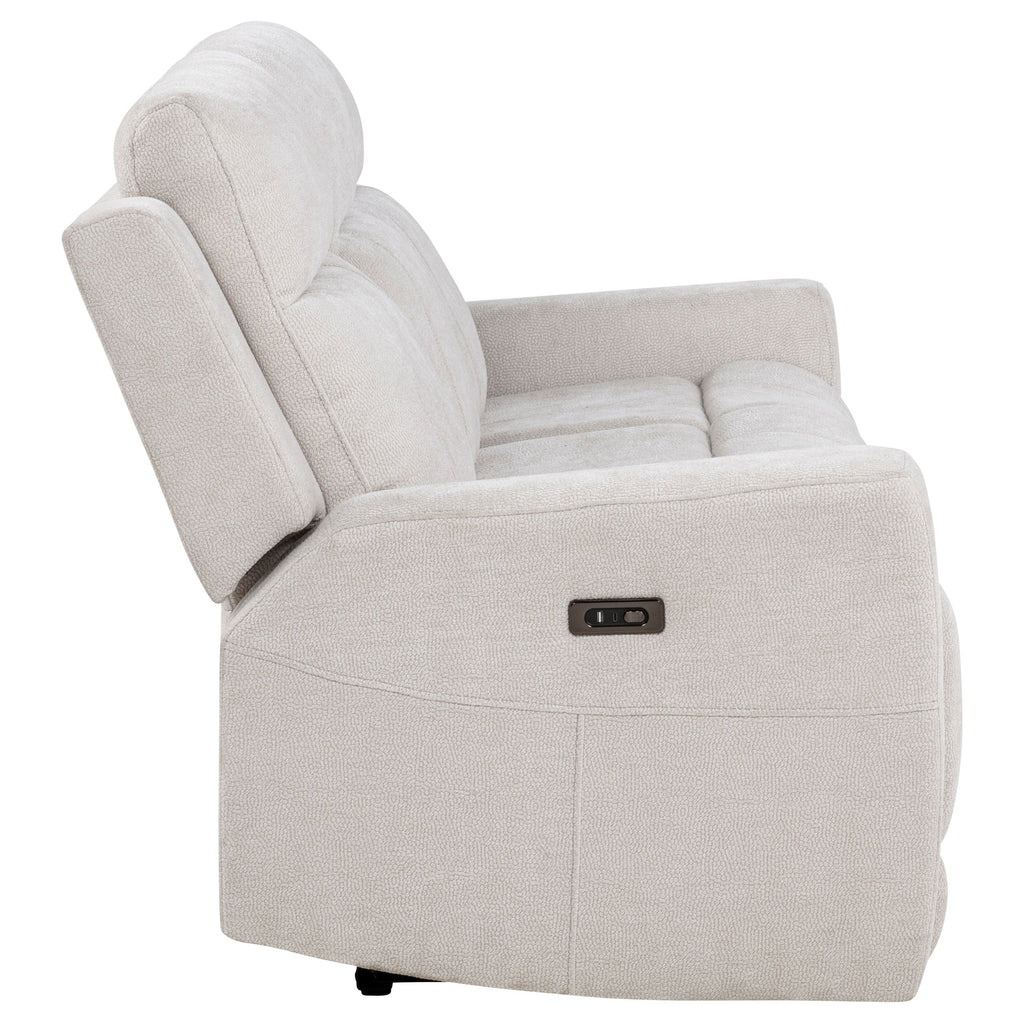 Gray recliner chair with power control panel on a white background