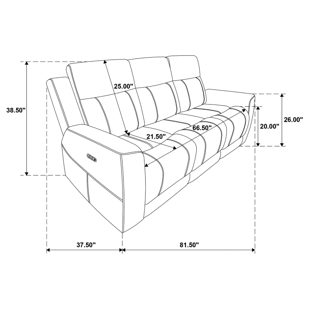 Technical drawing of a sofa with dimensions labeled