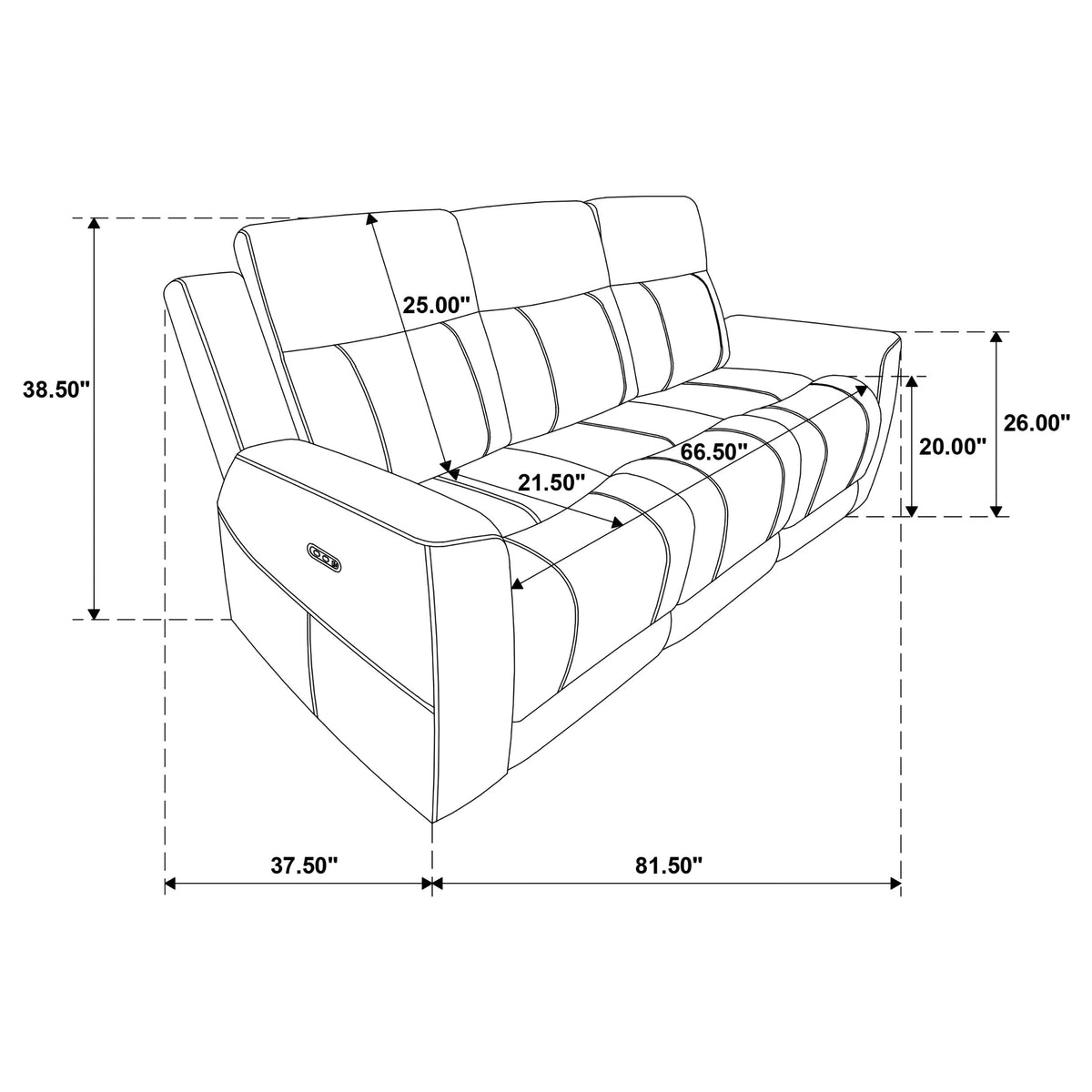 Technical drawing of a sofa with dimensions labeled