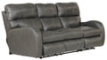 Gray leather sofa with reclining feature on a white background