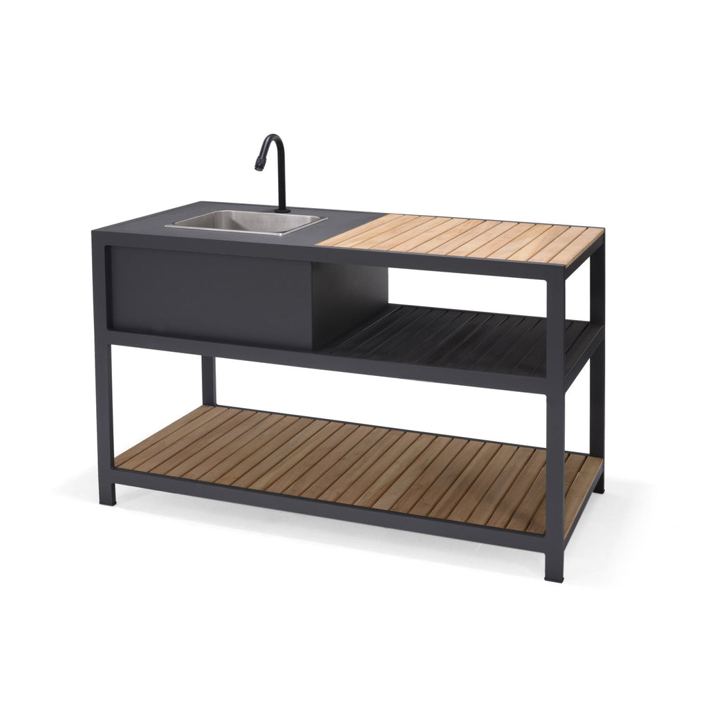 Outdoor kitchen island with sink and wooden shelves on a white background