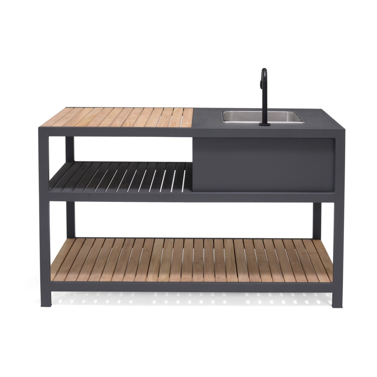 Outdoor kitchen island with black frame, wooden shelves, and sink on a white background