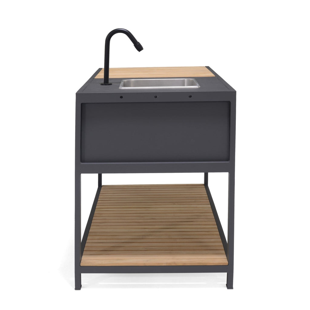 Outdoor kitchen sink unit with black cabinet and wooden countertop on a white background