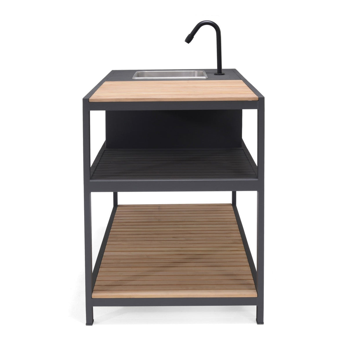 Outdoor kitchen sink unit with wooden shelves on a white background
