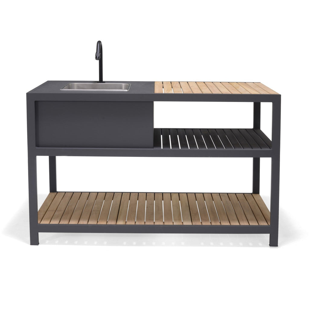 Outdoor kitchen island with black base and wooden top on a white background