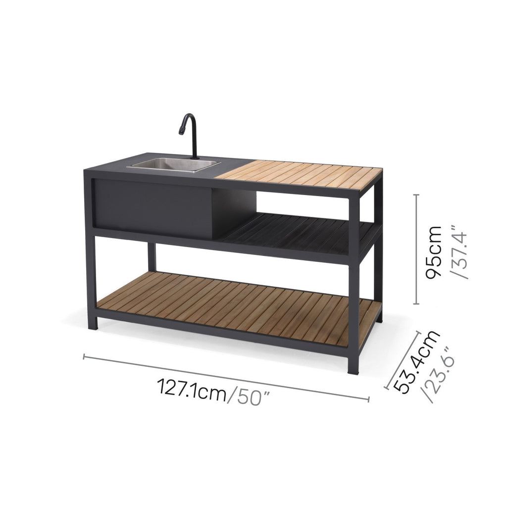 Outdoor kitchen island with sink and shelves, featuring dimensions on a white background