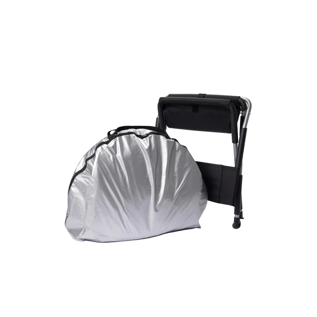 Silver cover on a black folding chair against a white background