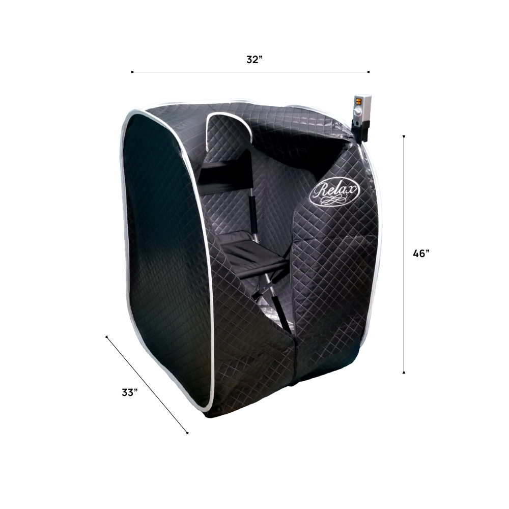 Portable black sauna with dimensions labeled on a white background